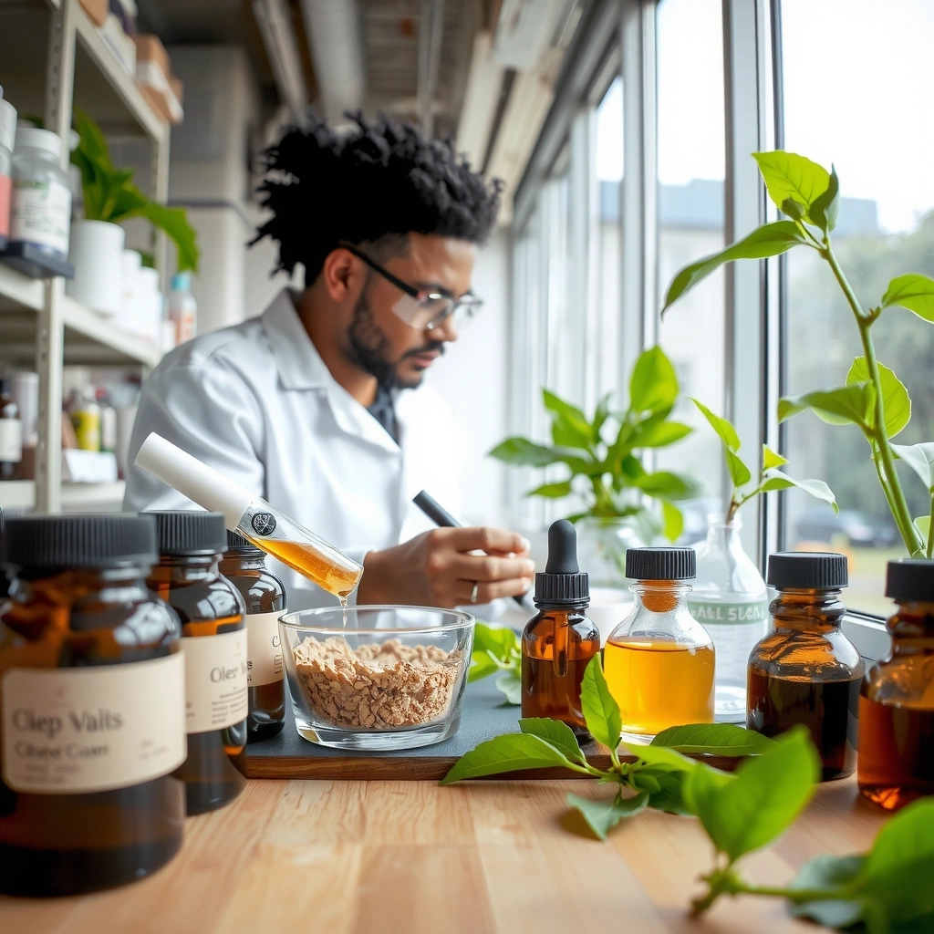 Natural wellness laboratory with botanical ingredients and quality testing equipment